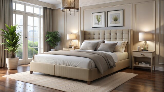 the bed in the bedroom is in beige tones, side view at an angle