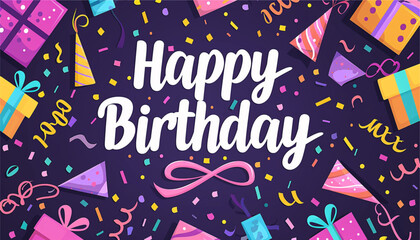 Fototapeta premium Happy birthday text vector template design. Birthday greeting in circle space for typography with cake and balloons party decoration elements in pattern background. Vector Illustration.