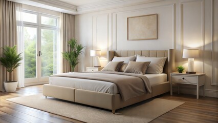 the bed in the bedroom is in beige tones, side view at an angle