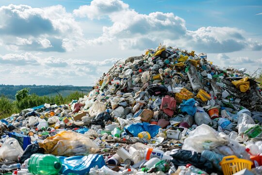 A large accumulation of garbage dumped on a vibrant green field, contrasting the waste with the lush surroundings
