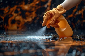 Gloved hand sprays cleaning agent on a counter, emphasizing hygiene and housekeeping