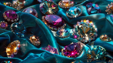 Dazzling gemstones arranged on a teal velvet cloth, shimmering with opulence.