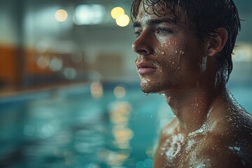 A moody image of a man standing in a swimming pool, his face blurred out, emphasizing the water and...