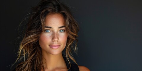 Naklejka premium A striking portrait of a beautiful woman with freckles and messy hair against a dark background