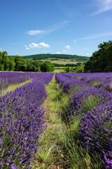 Naklejka premium Lavender fields pathway under a clear blue summer sky