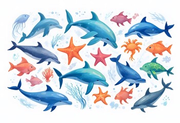 Underwater inhabitants. Cartoon aquatic animals inhabit sea nature, adorable fish ocean creatures cute marine animal characters crab squid octopuses