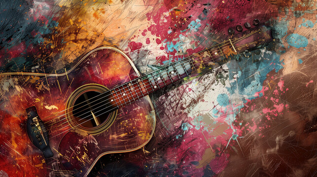 A guitar is painted in a colorful and abstract style, with splatters of paint all over it. Scene is energetic and creative