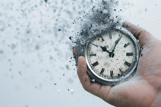 hand holding clock fading into pieces on blue background Don't waste time concept 