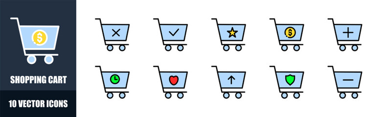 Shopping cart icons set. Flat style. Vector icons