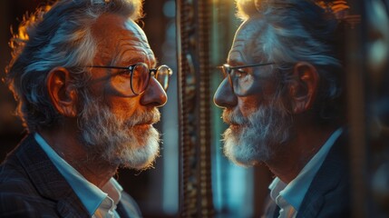 Young guy look at grandfather who looks like grandson or son for concept of generational heredity. Elderly man stands in front of mirror and sees himself as young guy feeling surge of energy.