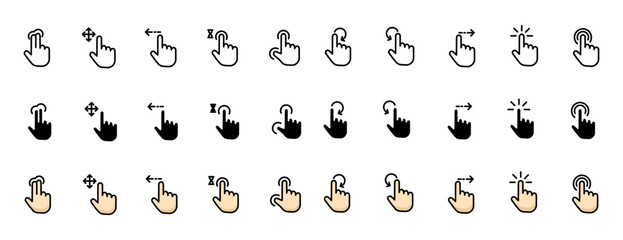 Swipe icons set. Swipe buttons. Linear, silhouette and flat style. Vector icons