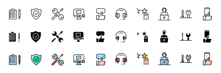 Assistant icons collection. Online support buttons. Linear, silhouette and flat style. Vector icons