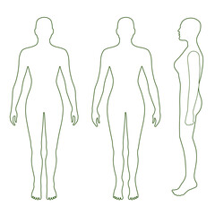 Full length front, back, side view of a lean bald standing naked woman silhouette, isolated on white background. Vector illustration