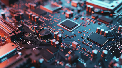 Obraz premium Close-up of a vivid, high-tech electronic circuit board with glowing elements.