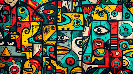 abstract cubism colorful wallpaper, face inspired forms and weird pattern flat lay background 