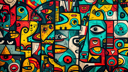 Obraz premium abstract cubism colorful wallpaper, face inspired forms and weird pattern flat lay background 