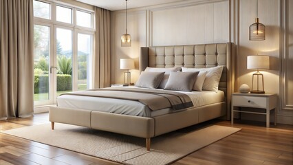 the bed in the bedroom is in beige tones, side view at an angle