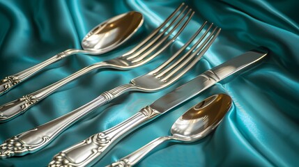 Elegant silverware set against a gleaming teal tablecloth, embodying refined dining.