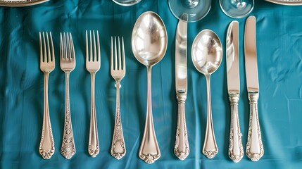 Elegant silverware set against a gleaming teal tablecloth, embodying refined dining.