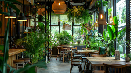 Wide shot of a café interior with abundant plants and stylish décor