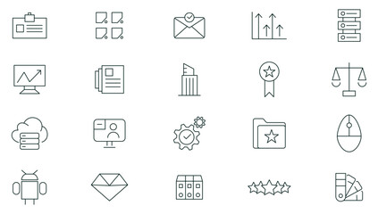 Creative business line icon set. Business strategy, Business solutions, Action List, research, solution, team, marketing, startup, advertising, business process, management outline icon collection.