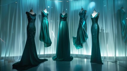 Elegant teal-colored evening gowns displayed against a sleek backdrop, embodying glamour.