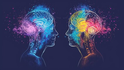 Obraz premium Neon Brain Silhouettes in Artistic Digital Illustration