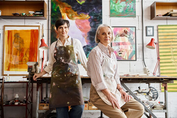 A mature lesbian couple standing in an art studio together.
