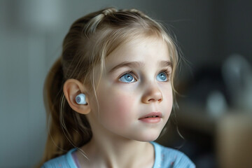 portrait of young deaf girl  with a hearing aid hidden in her ear 