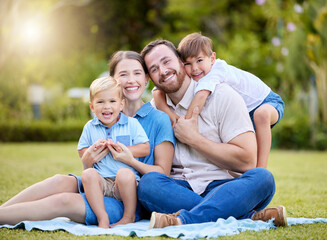 Happy, relax and portrait of family in nature with hug, love and care for bonding together. Smile,...