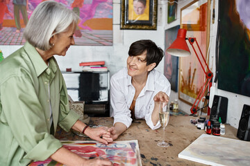 Two woman engage in lively conversation at a table in an art studio.