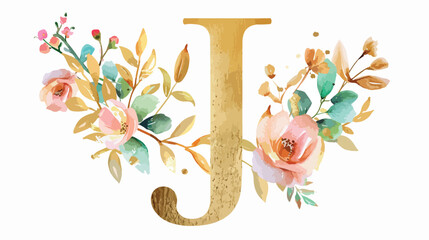 Gold alphabet letter J with watercolor flowers and le