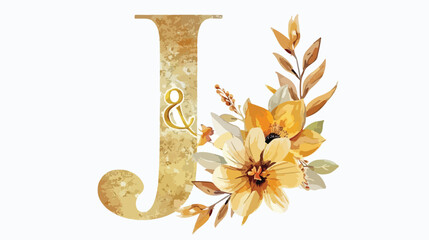 Gold alphabet letter J with watercolor flowers and le