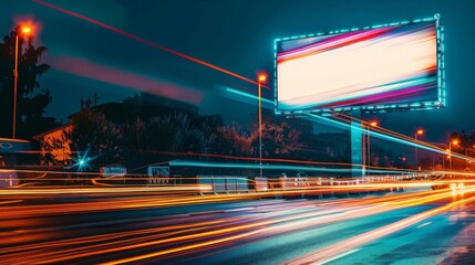 A blank billboard stands prominently on a busy street at night, with car light trails creating a dynamic background. Perfect for showcasing impactful outdoor advertising