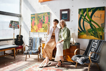Two women explore an art-filled room together.
