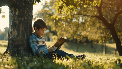 Fototapeta premium Young boy engrossed in a book under a tree's protective shade in a sunlit park.
