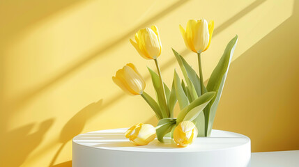 Product display mockup: White podium adorned with yellow tulips against a yellow backdrop