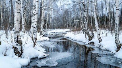 A tranquil winter landscape features a birch grove with bare trees and snow-covered ground. The river, with patches of melting snow