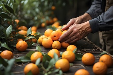 Male farmer hands in close-up selecting orange or mandarin fruits. Concept of organic farming,...