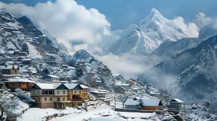 Amidst the snowy mountains lies a village that seems like a winter fairy tale. The snow-covered peaks encircle it, adding to its serene and enchanting atmosphere