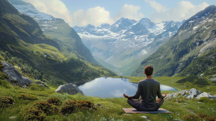 Fototapeta premium A person sits in lotus pose, meditating beside a tranquil mountain lake, embodying serenity.