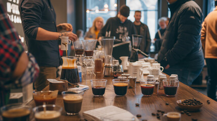 Wide shot of a coffee tasting event with people standing around a table, sampling different brews