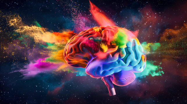 A colorful human brain with exploding color dust against a dark background. Brilliant ideas concept.