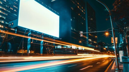Blank billboard mockup on a busy street at night, surrounded by the lively motion of car light trails. Perfect for creating impactful and engaging advertisements.