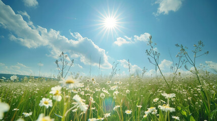 Beautiful, sun-drenched meadow filled with many wildflowers, most notably daisies, under clear blue sky. Sun shines brightly, filling landscape with warm and inviting light