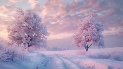 In this serene winter setting, two snow-covered trees are silhouetted against a pink sky, with a path leading through the pristine snow