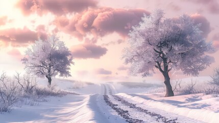 In this serene winter setting, two snow-covered trees are silhouetted against a pink sky, with a path leading through the pristine snow