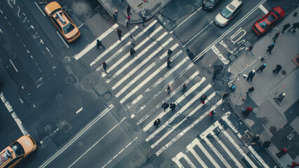 Aerial view of bustling city street intersection captures the dynamic urban rhythm.