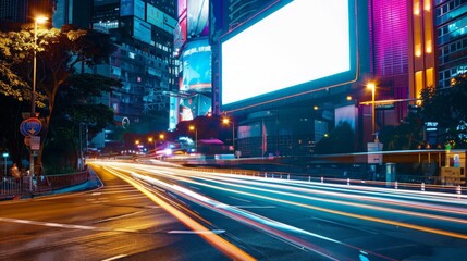 Mockup of a blank billboard on a lively street at night. Car light trails add motion and vibrancy to the scene, perfect for showcasing impactful advertisements.