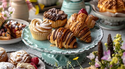 Freshly baked pastries arranged on teal porcelain, tempting with delicious aromas.